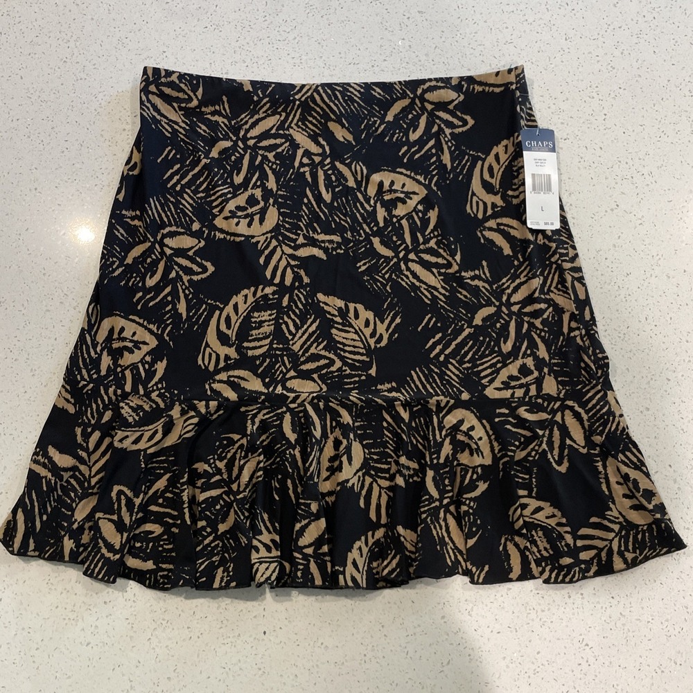 Chaps ~Black &‎ Gold Floral Jersey Ruffle Hem Pull On A-Line Party Skirt L NWT
